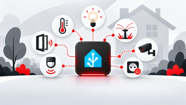 Illustration einer Home-Assistant-Zentrale, die mit Beleuchtung, Heizung, Gartenbewässerung und weiteren Smart-Home-Geräten verbunden ist.