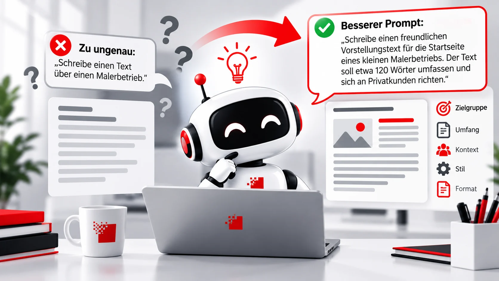 Illustration eines KI-Roboters am Laptop, die einen ungenauen und einen verbesserten KI-Prompt gegenüberstellt. Symbole zeigen wichtige Angaben für bessere KI-Ergebnisse.
