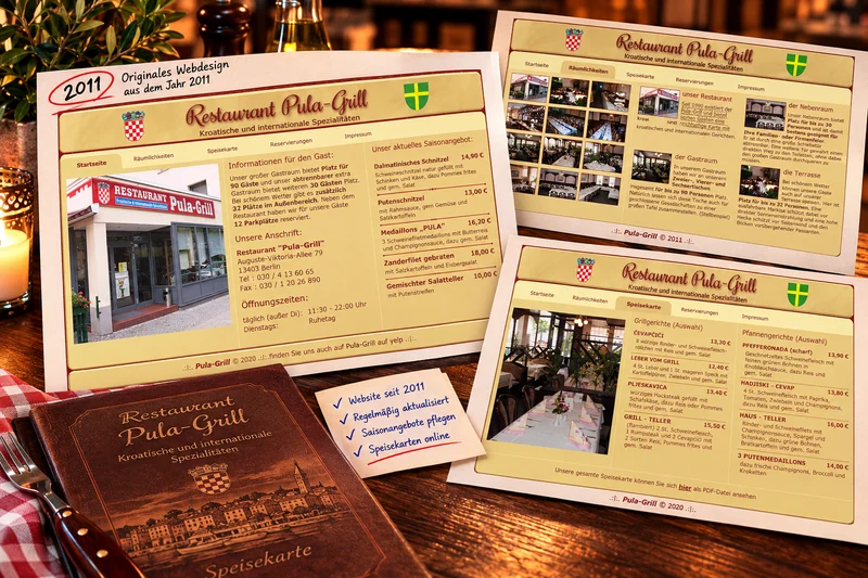 Historische Website des Restaurants Pula-Grill mit Ansichten der Startseite, Räumlichkeiten und Speisekarte in einer Collage mit gedruckter Speisekarte.