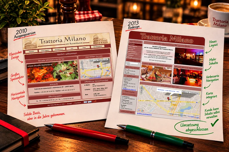Trattoria Milano: Vergleich der ursprünglichen Website von 2010 mit dem WordPress-Redesign von 2013, dargestellt als zwei kommentierte Entwürfe.